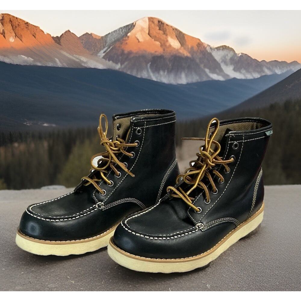 Eastland Men's Black Leather Moc Toe Work Boots with Tan Laces